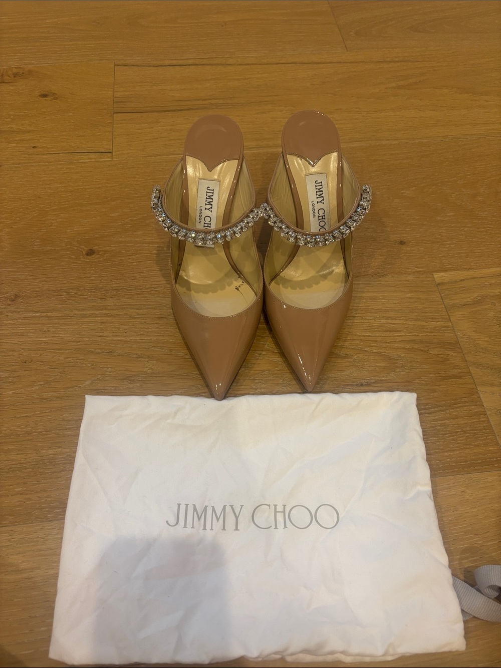 Jimmy Choo Nude Patent Bing Pointed Crystal-Embellished Mules 36